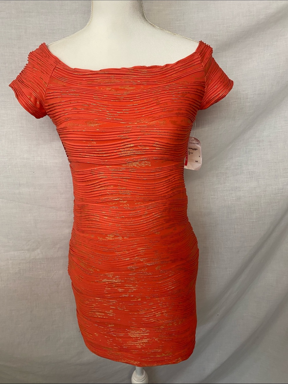 Brat Star Orange Textured Off-Shoulder Mini Dress with Gold Accents